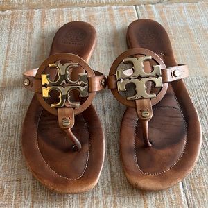 Tory Burch Miller Sandals Tan with Gold logo Size 9